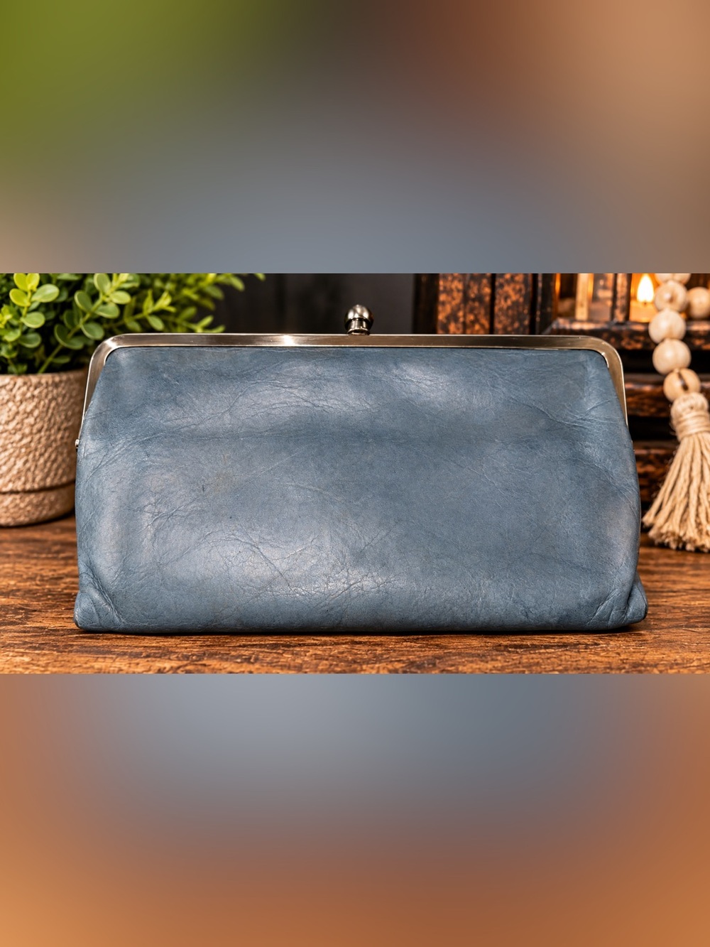 HOBO Dusty Gray Blue Leather Kiss-Lock Clutch Wallet